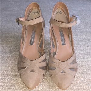 Nude suede mesh pointed toe 2 inch heels